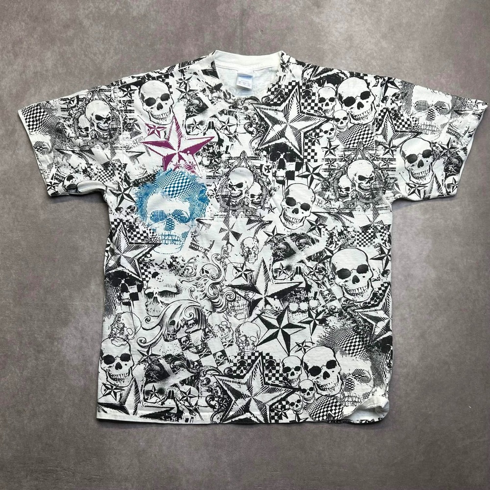 Vintage Skull Nautical Star All Over Print T-Shirt XL Y2K Grunge **stain